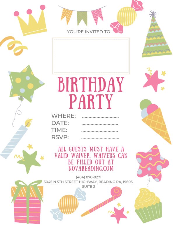 Nova Adventure Park printable Birthday Party invitation with blanks for where, date, time and RSVP