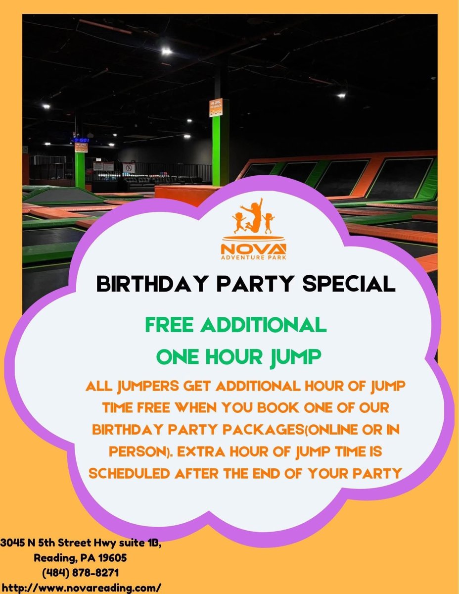 Birthday Party Special at Nova Adventure Park Reading: free additional one hour jump for all jumpers when you book one of our birthday party packages (online or in person). Extra hour of jump time is scheduled after the end of your party.